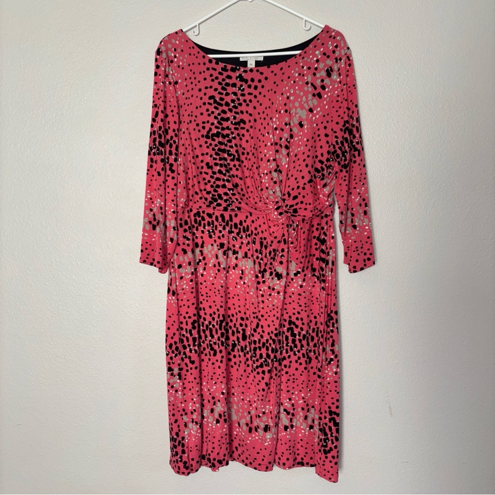 Dana Buchman Women's Pink 3/4 Sleeve Polka Dot Side Ruching Dress Size XL